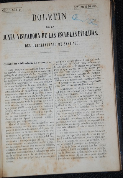 Boletín de la junta visitadora de las escuelas públicas. Del departamento de Santiago.