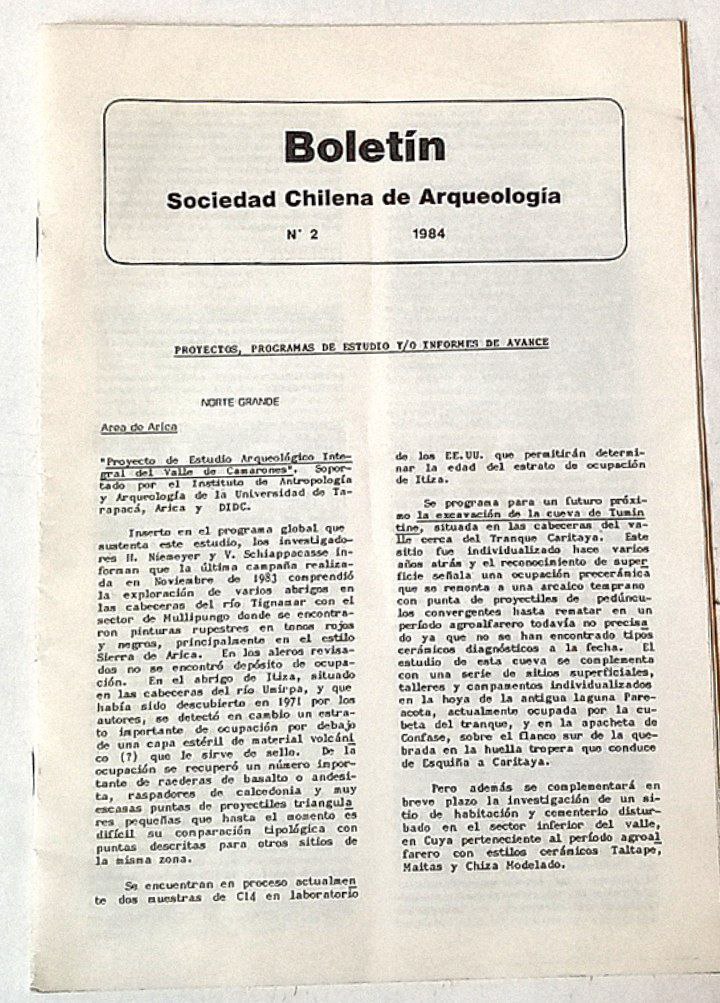 Boletín Sociedad Chilena de Arqueología. No.2 1984.