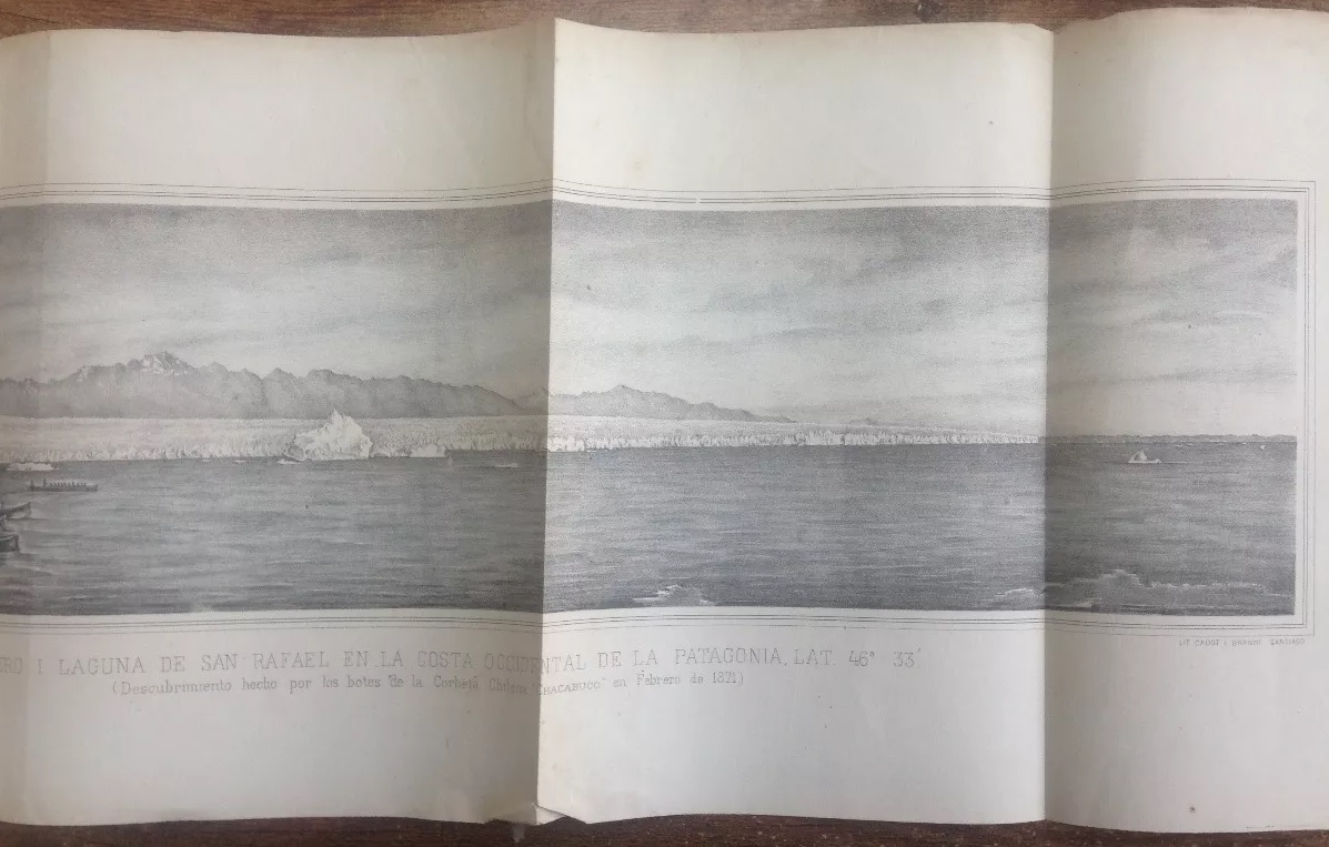 imagen del ventisquero i laguna de san rafael en la costa occidental de la patagonia ( descubrimiento hecho por los botes de la corbeta chilena chacabuco 1871