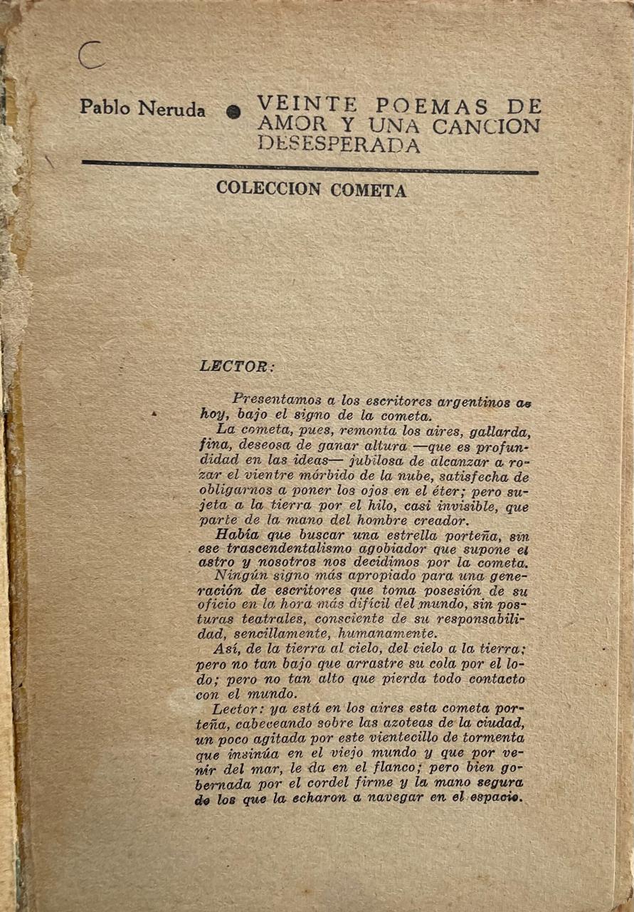 Pablo Neruda 	Veinte poemas de amor y una canción desesperada 