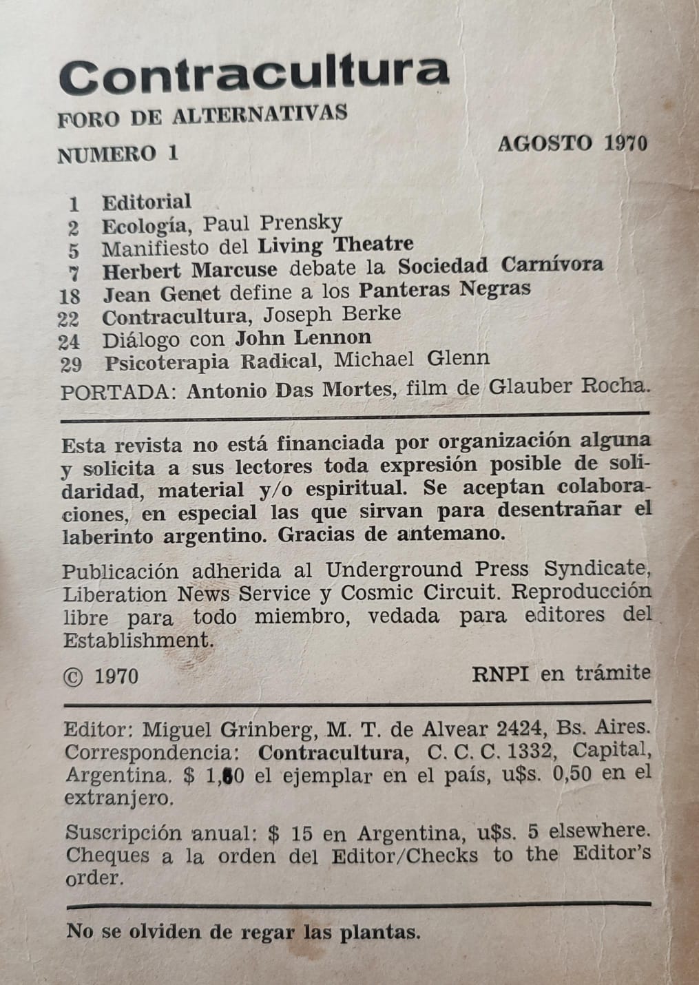 Miguel Grinberg (ed.). Contracultura. Foro de Alternativas. 