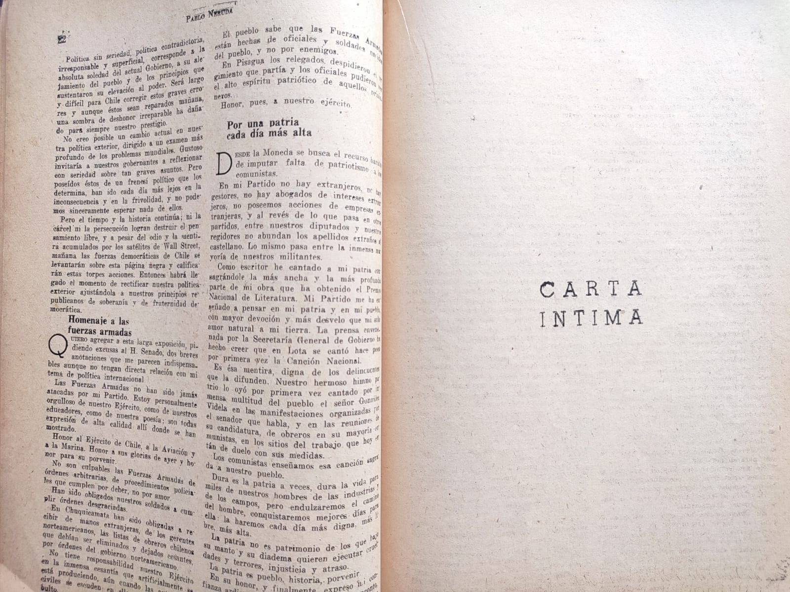 Pablo Neruda.	Yo acuso. La verdad sobre las rupturas, Carta Íntima.