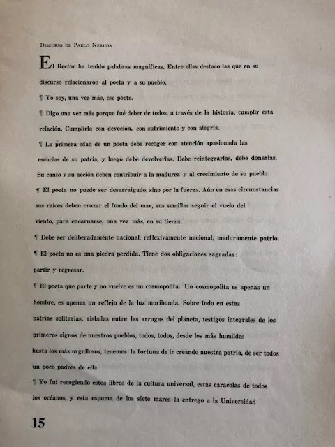 Duscursos Rector U de Chile y Pablo Neruda por el acto inaugural de la Fundación Pablo Neruda