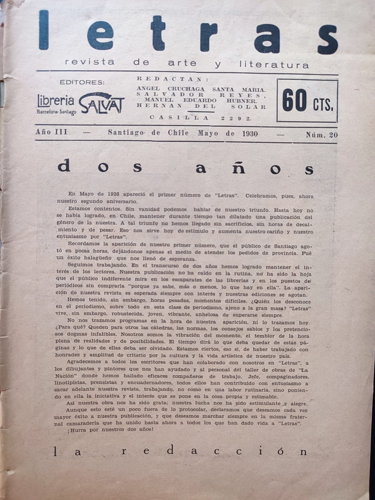 Á. Cruchaga, S. Reyes, R. del Valle, H. del Solar (red.). Letras. Revista de Arte y Literatura. 