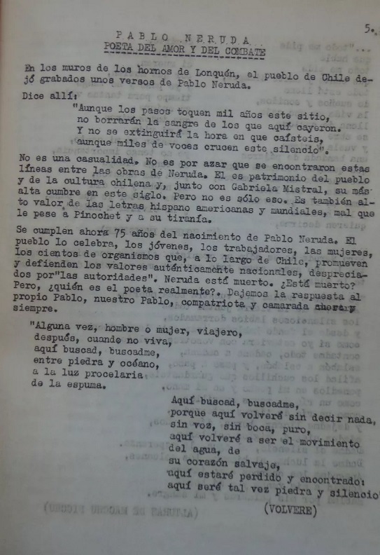 lonquen n°4. neruda, neruda, el pueblo te saluda. Pablo Neruda. Poeta del amor y del combate