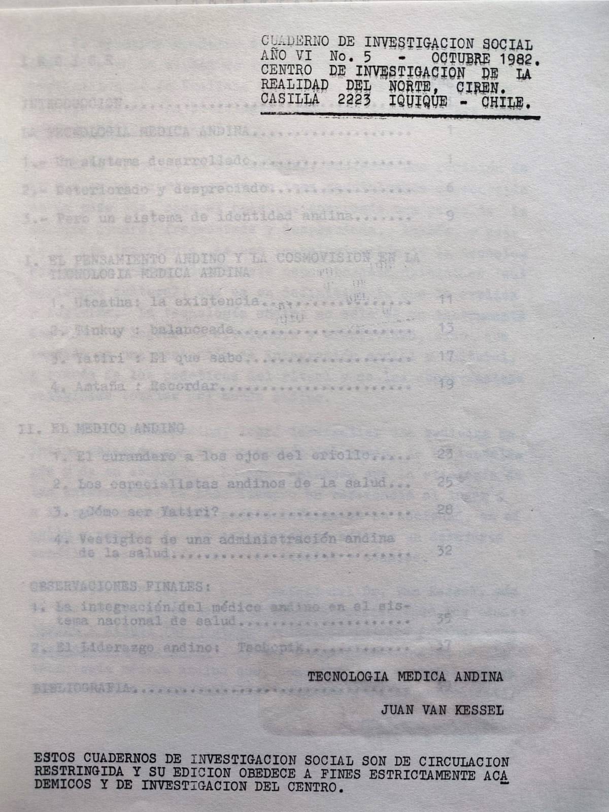 Juan Van Kessel. Cuadernos de Investigación Social N°15. Tecnología Médica Andina.