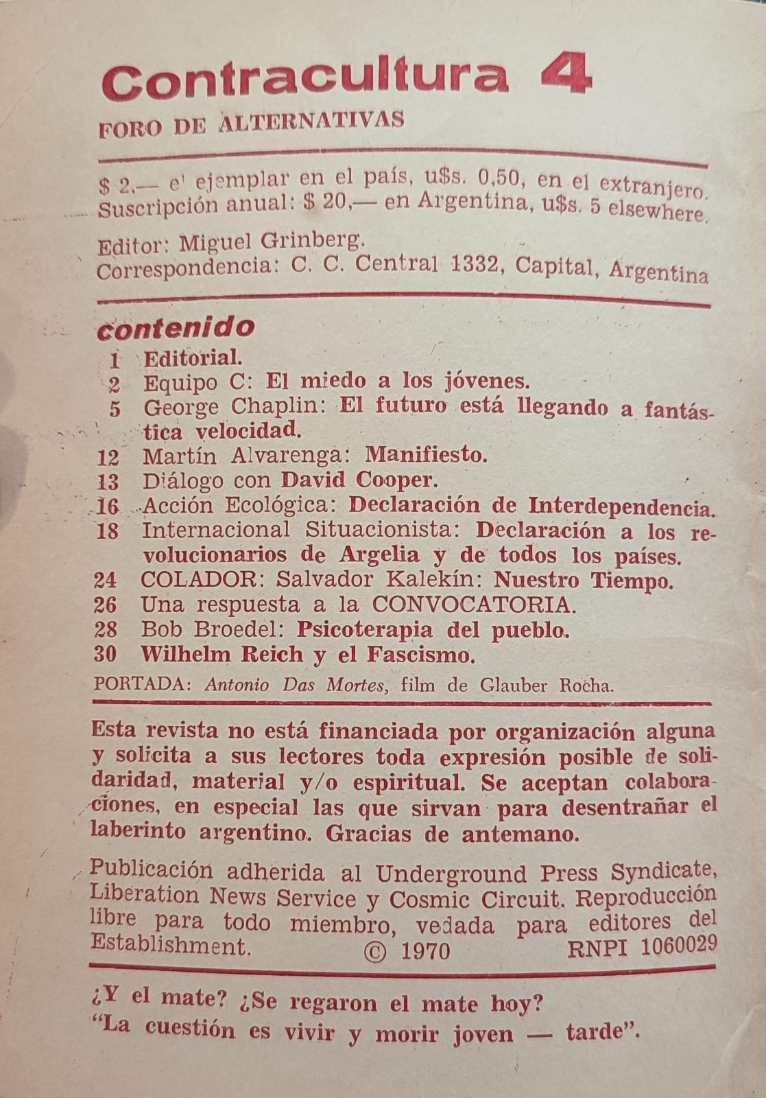 Miguel Grinberg (ed.). Contracultura. Foro de Alternativas. 