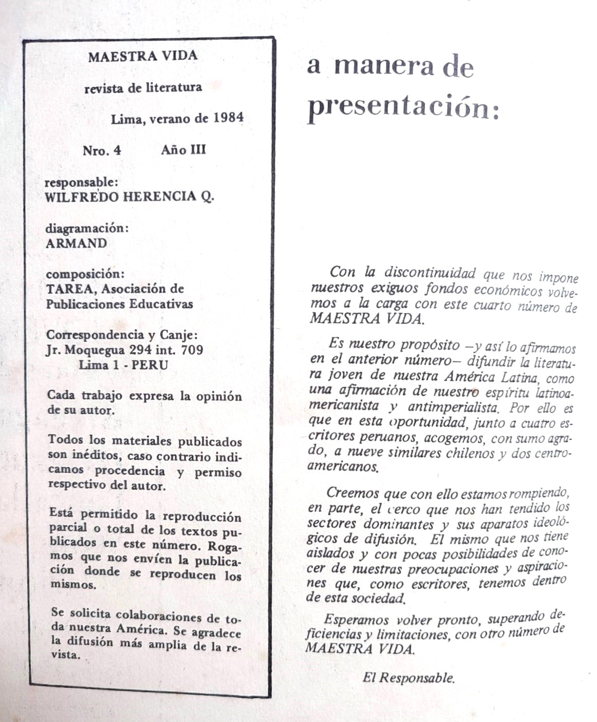 Wilfredo Herencia (res.).	Maestra Vida. Revista de Literatura. 