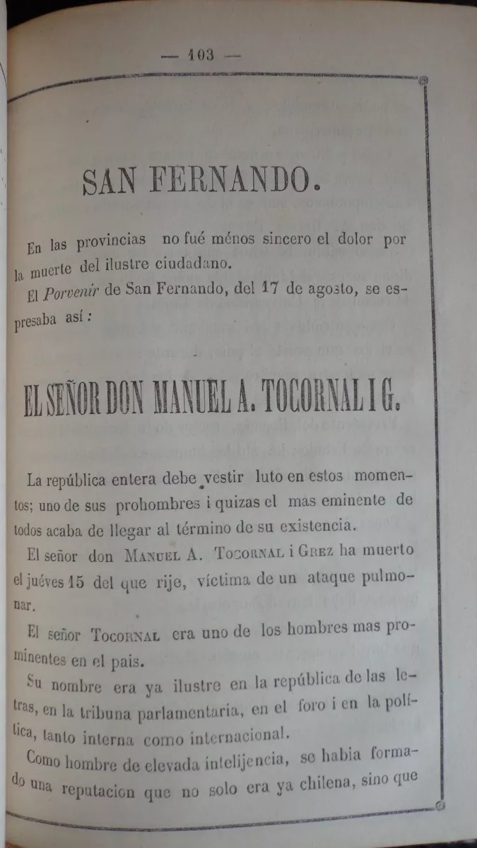 La opinión publica sobre don Manuel A. Tocornal. 