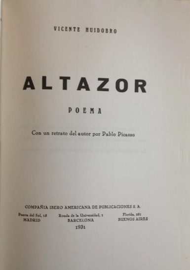 Vicente Huidobro. Altazor. Ed. Facsimilar