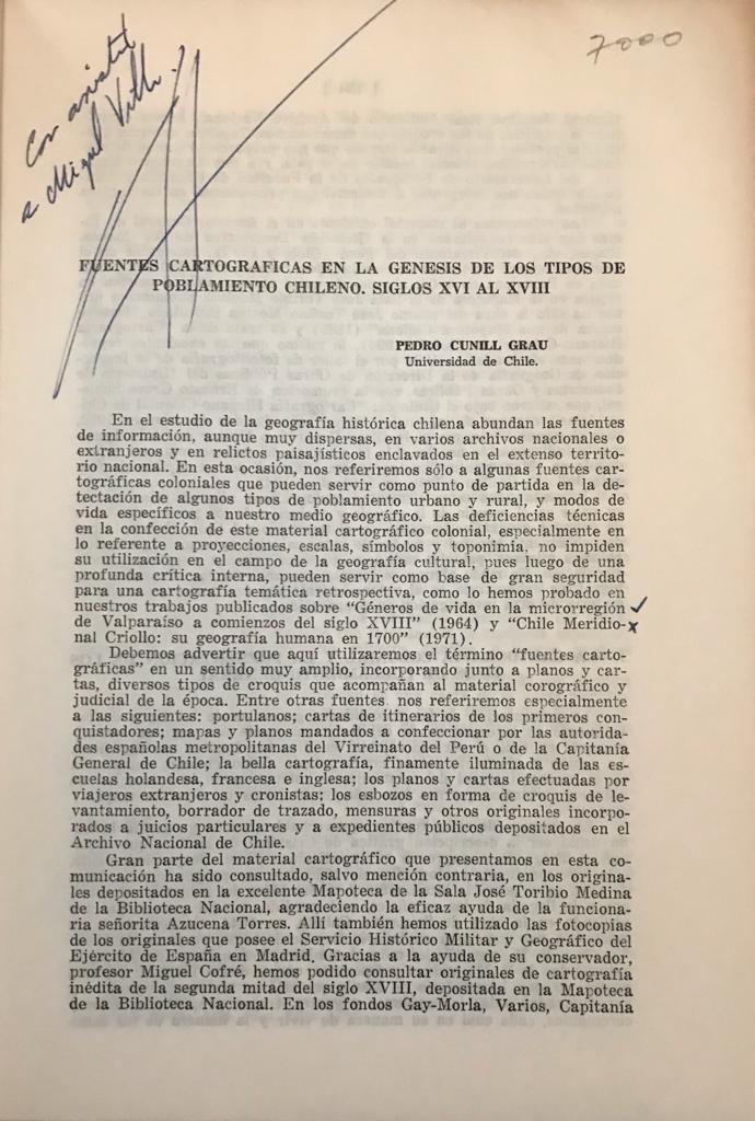 Pedro Cunill Grau	Fuentes cartográficas en la génesis de los tipos de poblamiento chileno siglo XVI al XVIII