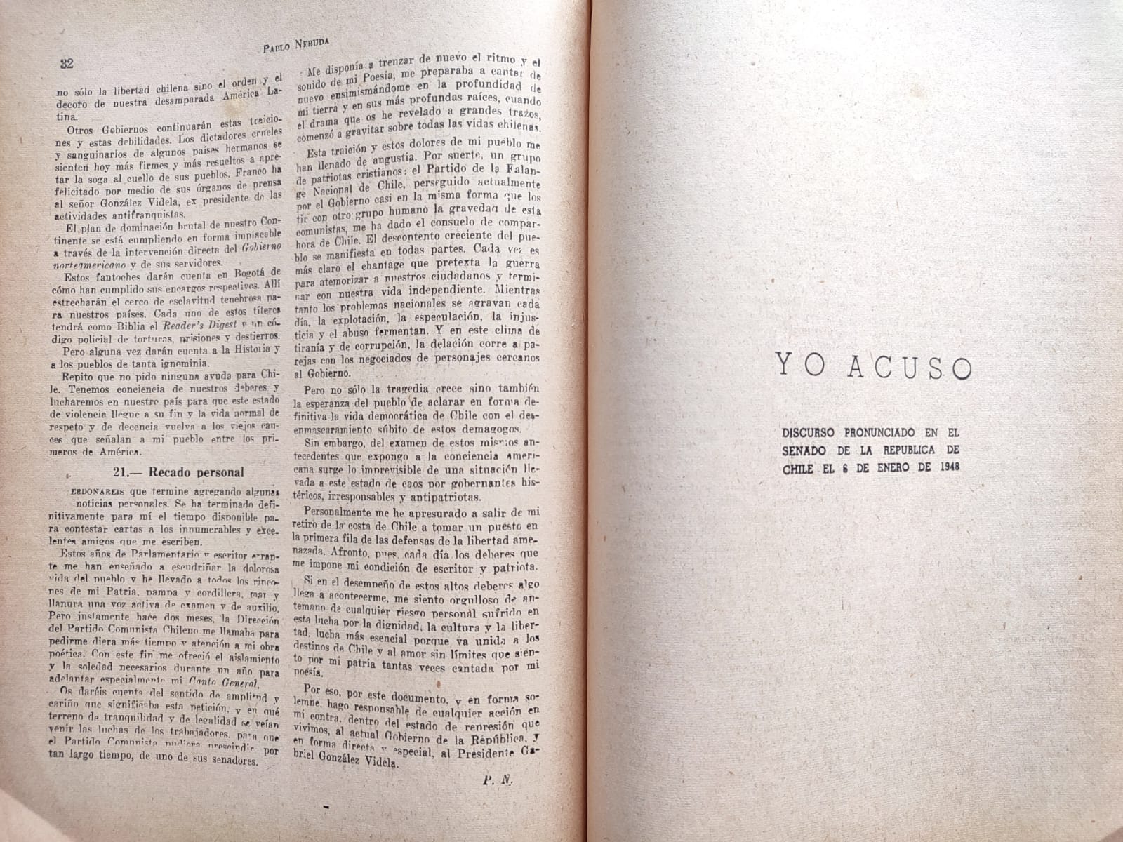 Pablo Neruda.	Yo acuso. La verdad sobre las rupturas, Carta Íntima.