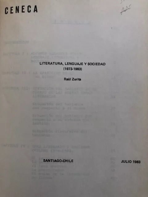 Raul Zurita. Literatura, lenguaje y sociedad 1983 - 1983