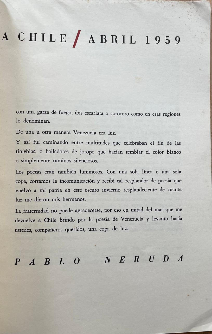 Juan Liscano, José Ramón Medina, Miguel Otero Silva, Luis Pastori y Rafael Pineda. 	Fuego de hermanos a Pablo Neruda 