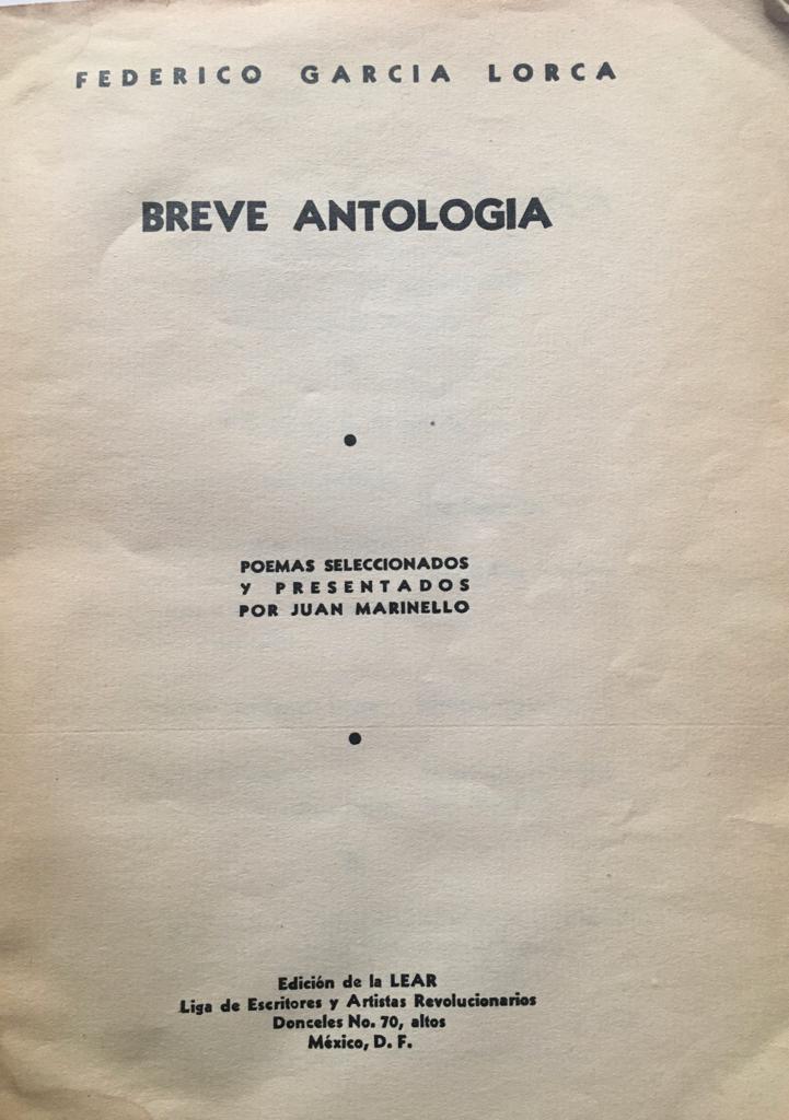 Federico Garcia Lorca. Breve Antología. Poemas seleccionados y presentados por Juan Marinello