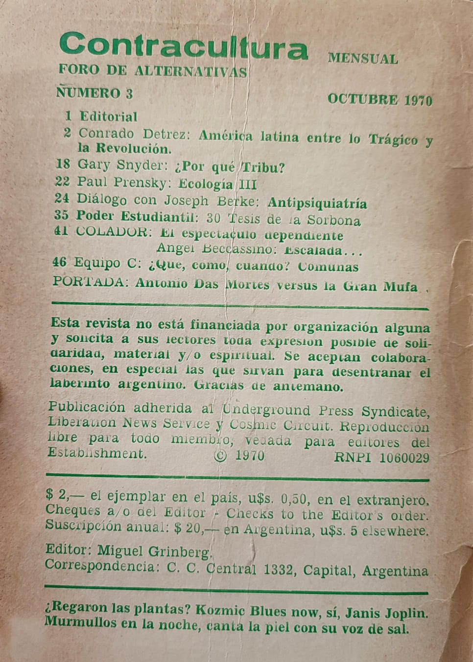 Miguel Grinberg (ed.). Contracultura. Foro de Alternativas. 