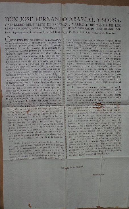 Simon Ravago. Don José Fernando Abascal y Sousa, Caballero del hábito de Santiago, Mariscal de Campo de los reales exercitos, Virrey, Gobernador y Capitán General de estos Reynos del Perú