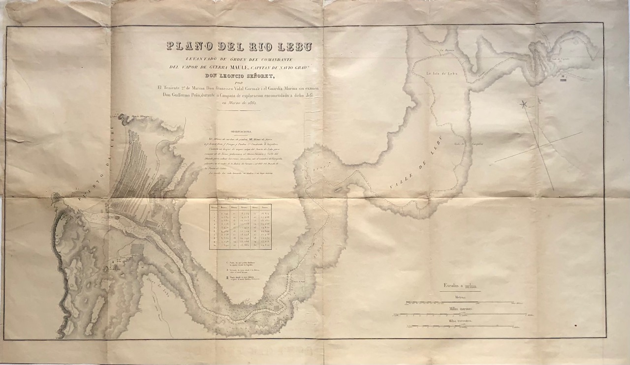 Plano del Río Lebu levantado de orden del Comandante del Vapor de Guerra Maule Capitán de navío graduado Leoncio Señoret. Por el teniente 2do de marina don Francisco Vidal Gormaz y el guardia marina sin examen don Guillermo Peña durante la campaña de expl