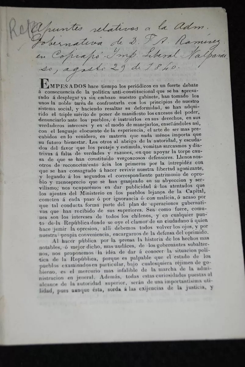 Apuntes relativos a la administración gubernativa de Don Francisco Anjel Ramírez en Copiapó