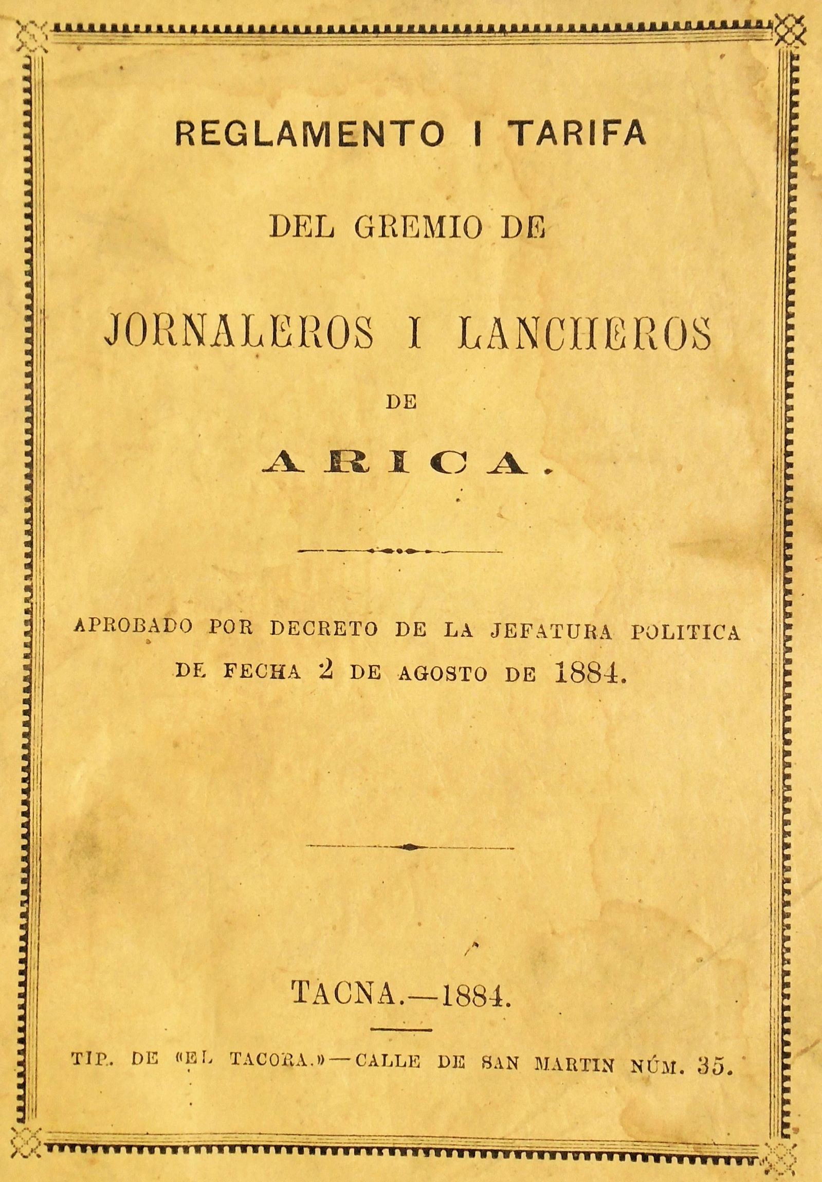 Reglamento i tarifa del gremio de jornaleros i lancheros de Arica