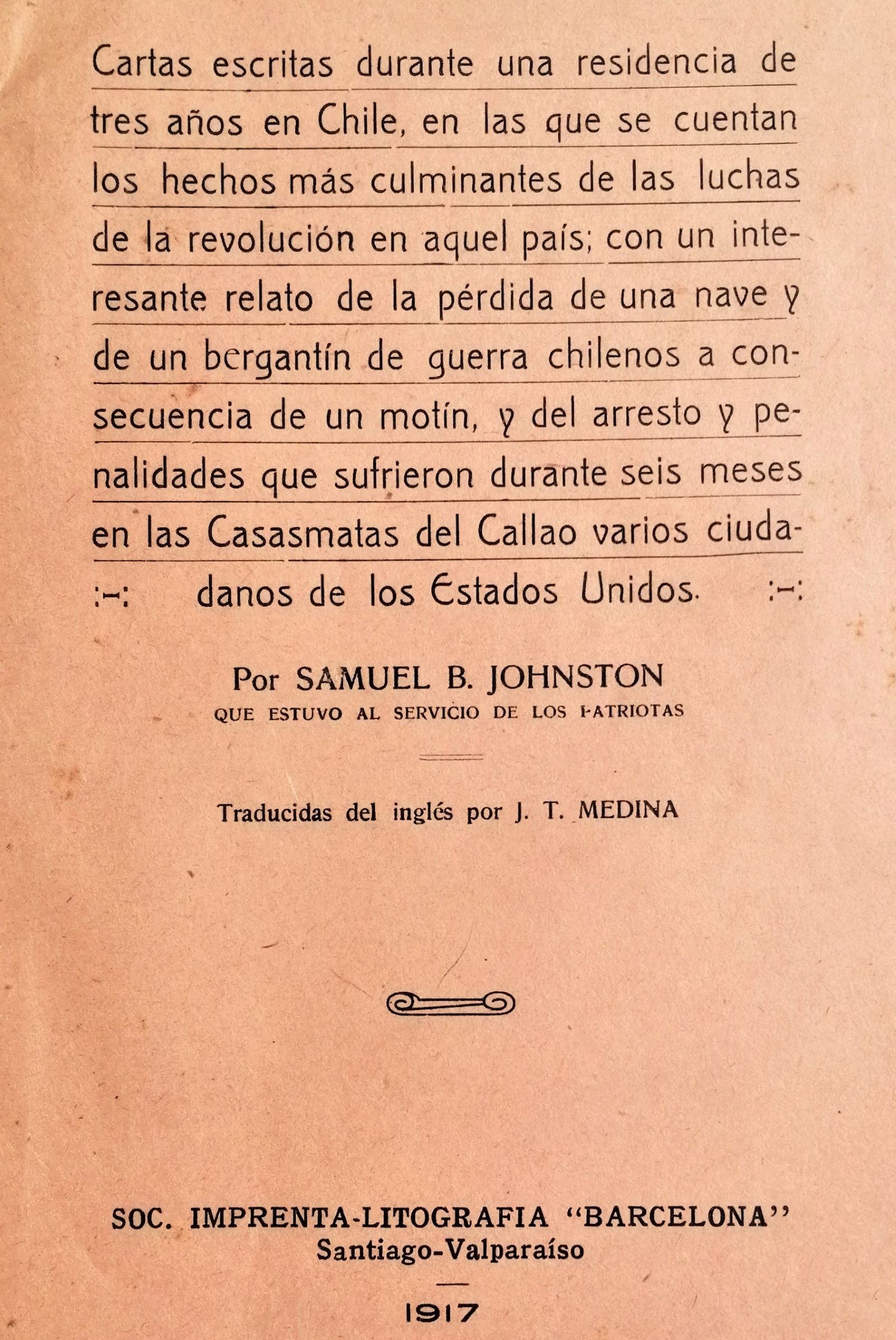Samuel B. Johnston - Cartas escritas durante una residencia de tres años en Chile