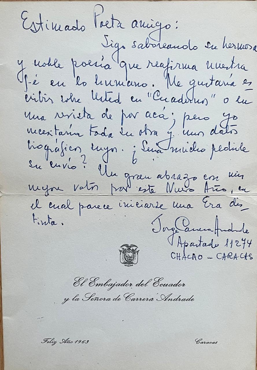 Jorge Carrera Andrade	Correspondencia  de Jorge Carrera Andrade (escritor ecuatoriano)  a Antonio Requini (periodista argentino)