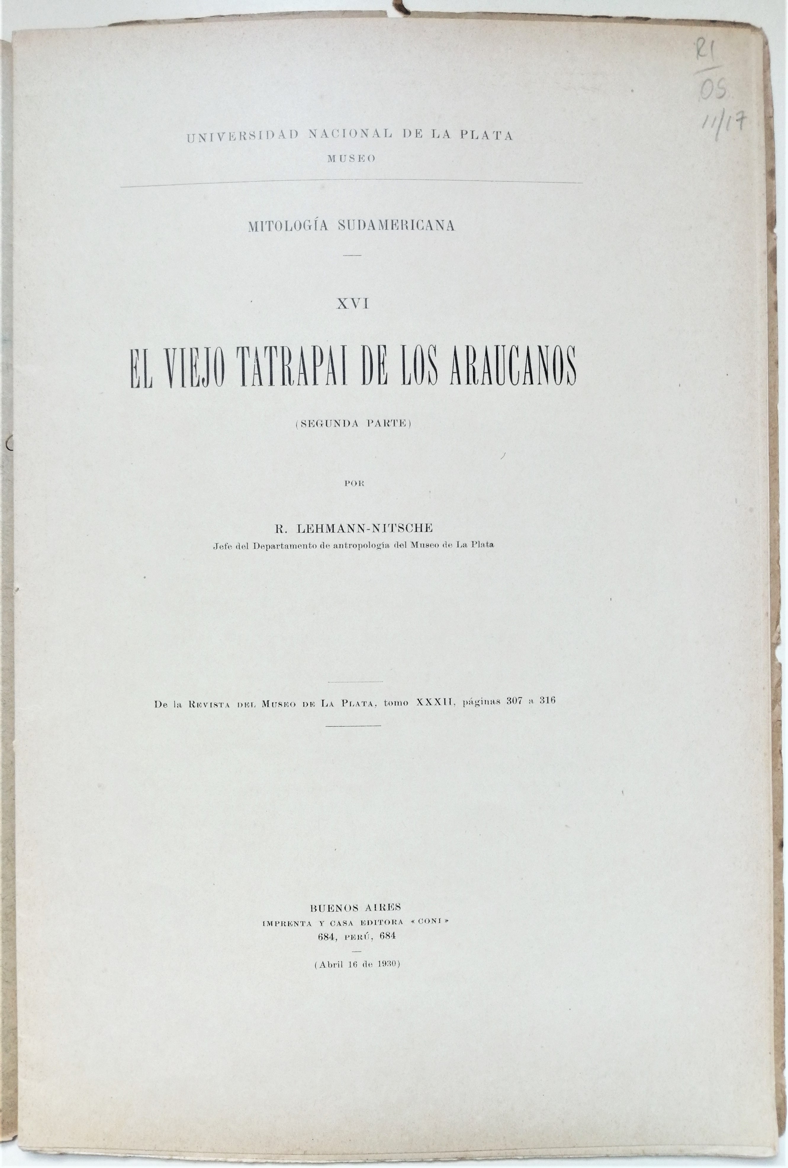 R. Lehmann-Nitsche - El viejo tatrapai de los araucanos