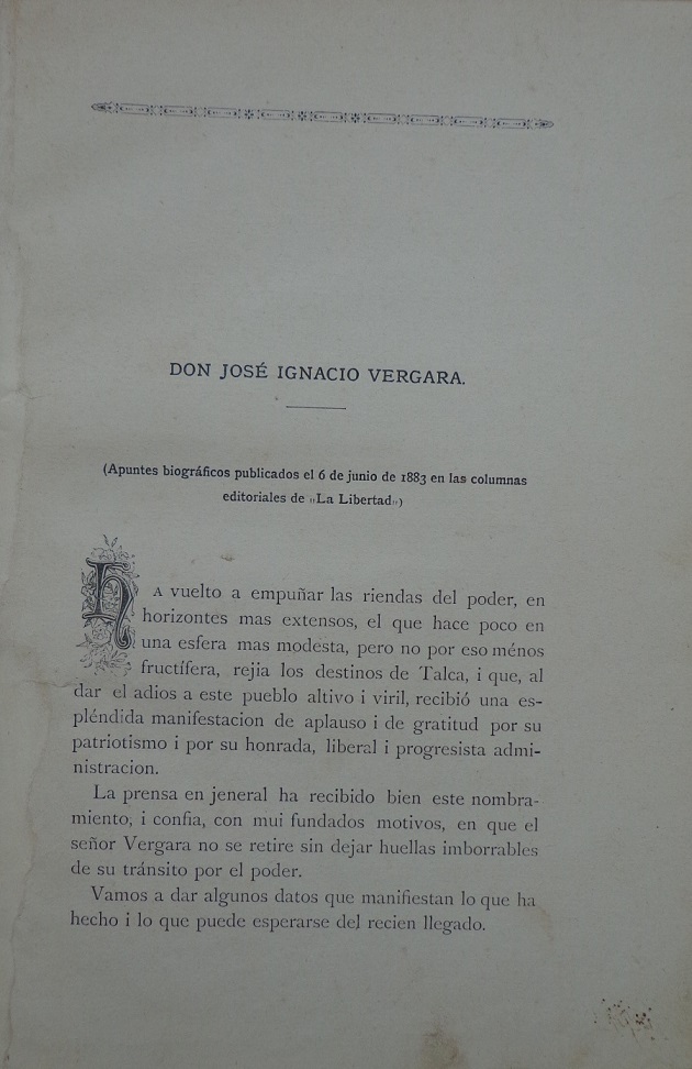 Raimundo del R. Valenzuela. De como despidio Talca a don José Ignacio Vergara : (precedido de algunos apuntes biográficos)