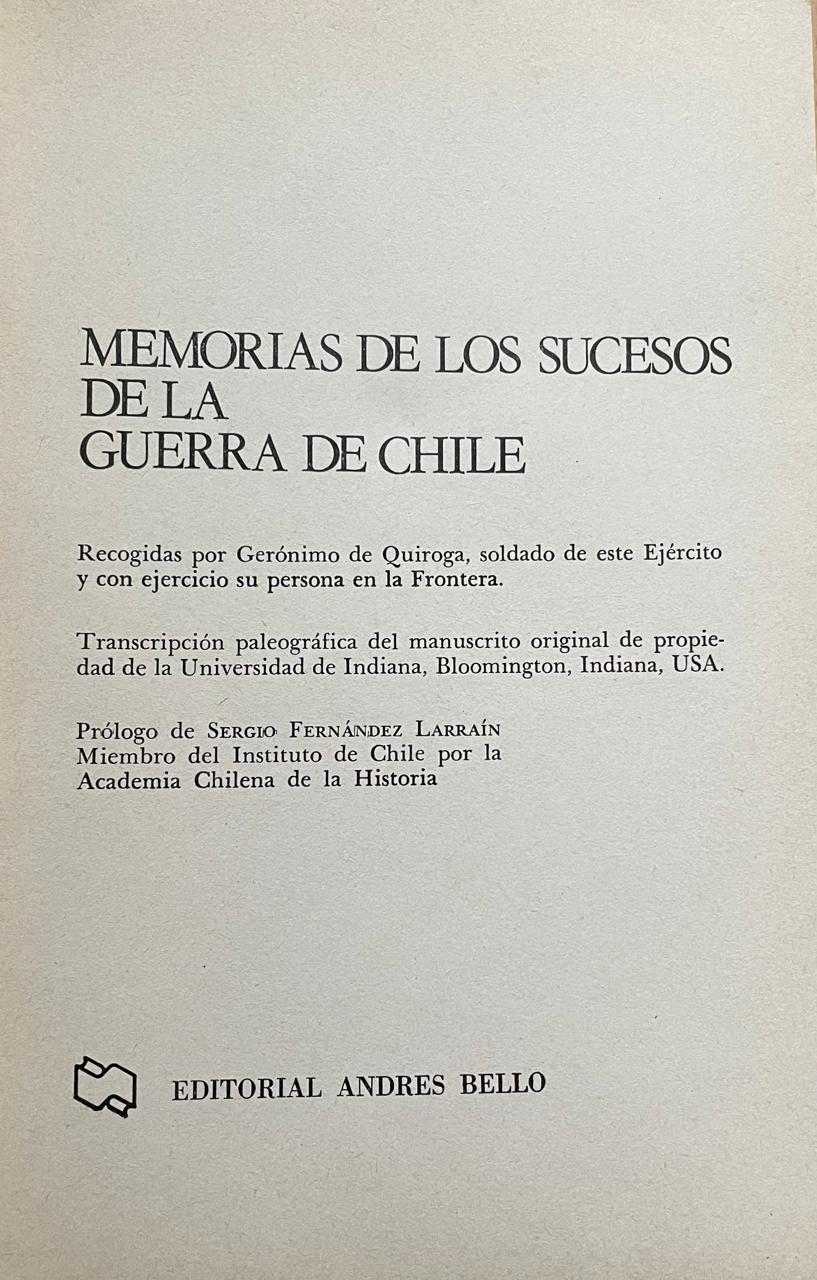 Jerónimo de Quiroga 	Memorias de los sucesos de la Guerra de Chile 