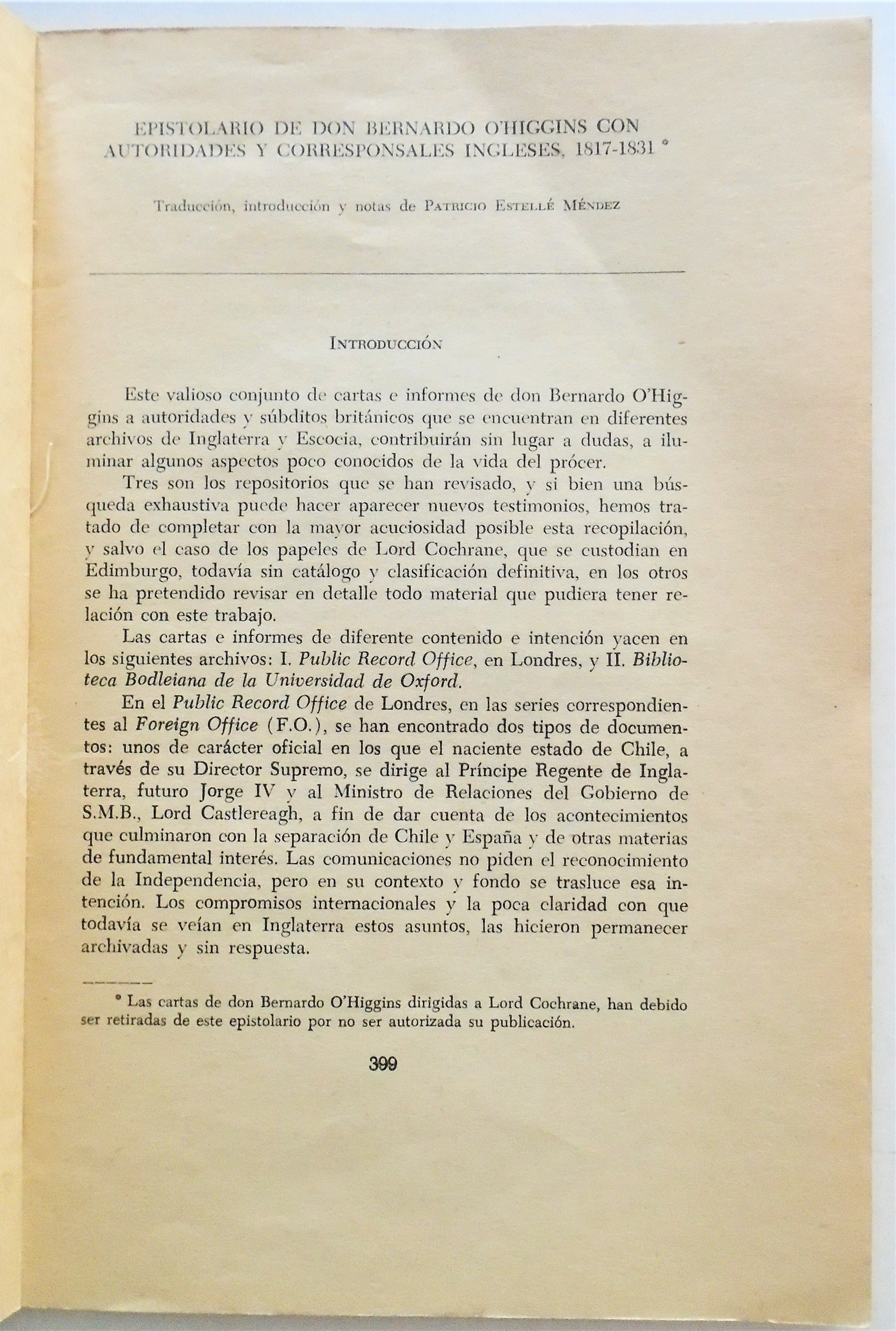 Epistolario de don Bernardo O'Higgins con autoridades y corresponsales ingleses, 1817 - 1831