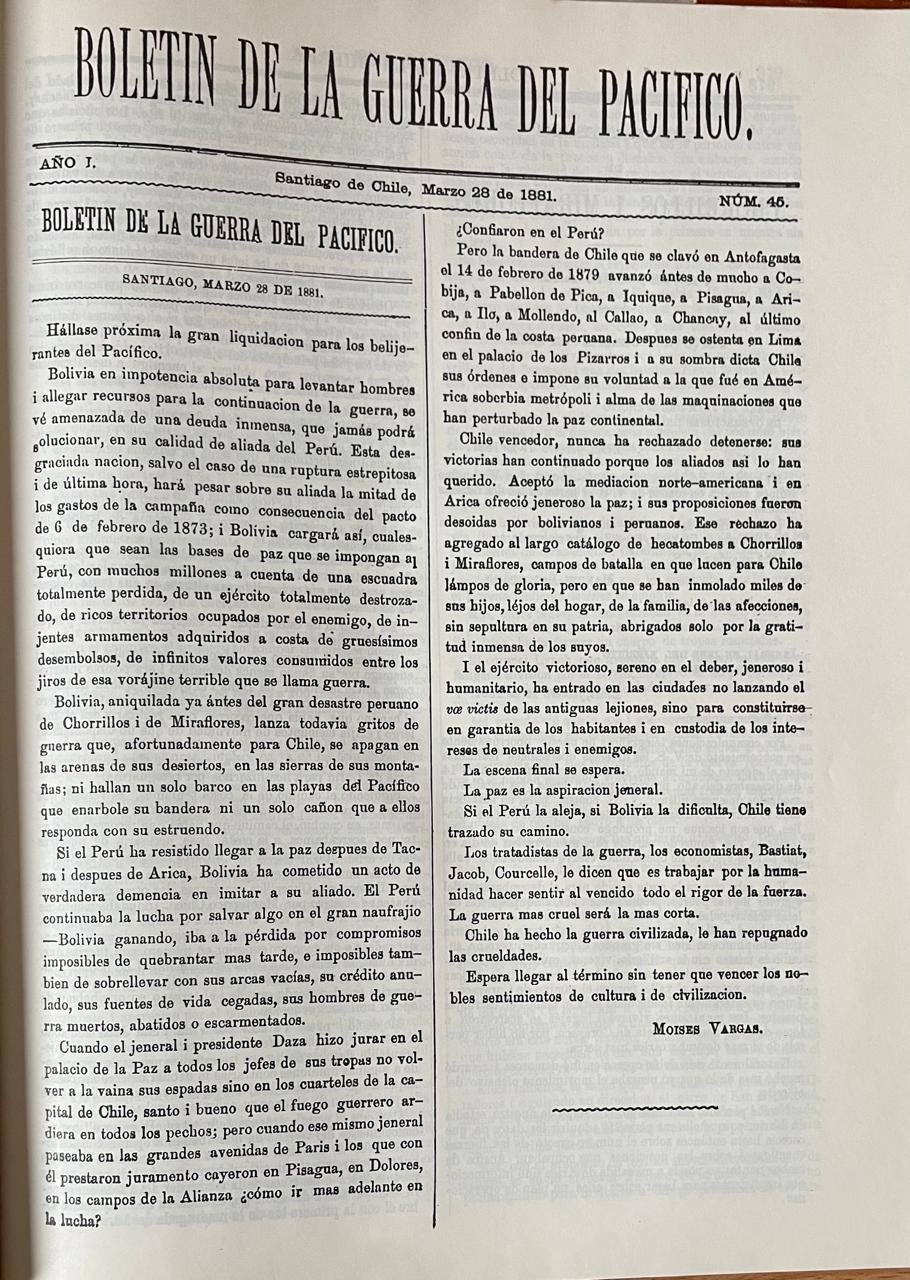 Sergio Fernández Larraín.	“Boletín de la Guerra del Pacífico. 1879-1881”