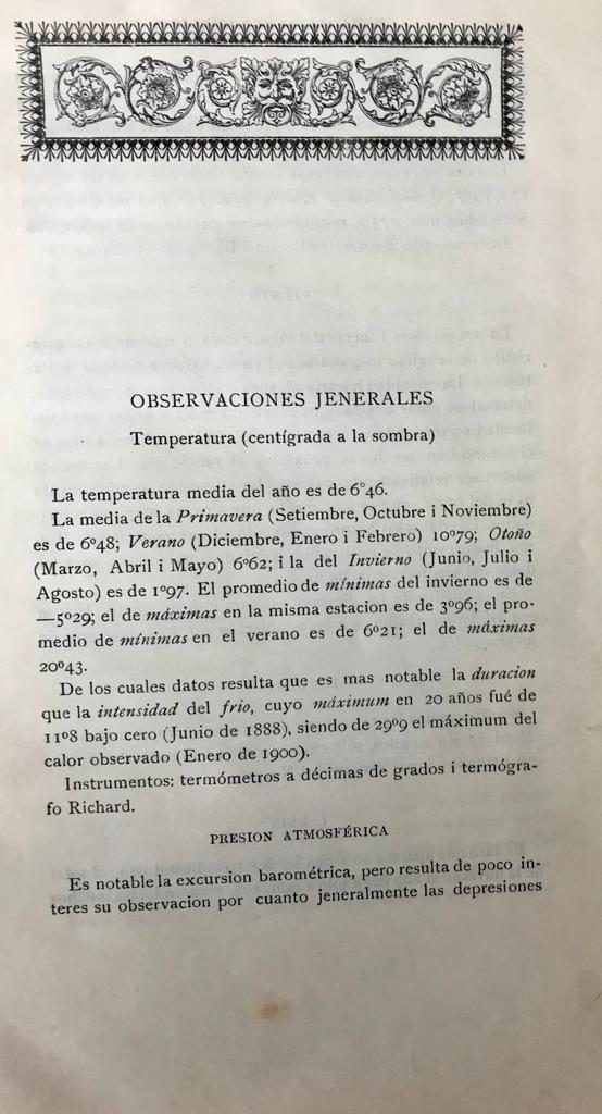 P. Marabini	Observatorio del Colejio Salesiano de Punta Arenas de Magallanes. Resumen observaciones metereologicas de veinte años (1888 - 1907). Encuadernado junto con: Museo del Colegio Salesiano de Punta Arenas. Catálogo de Colecciones Magallánicas