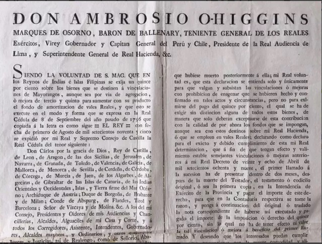 Ambrosio O'higgins Bando Mayorazgos 1797 Virrey Peru Colonia