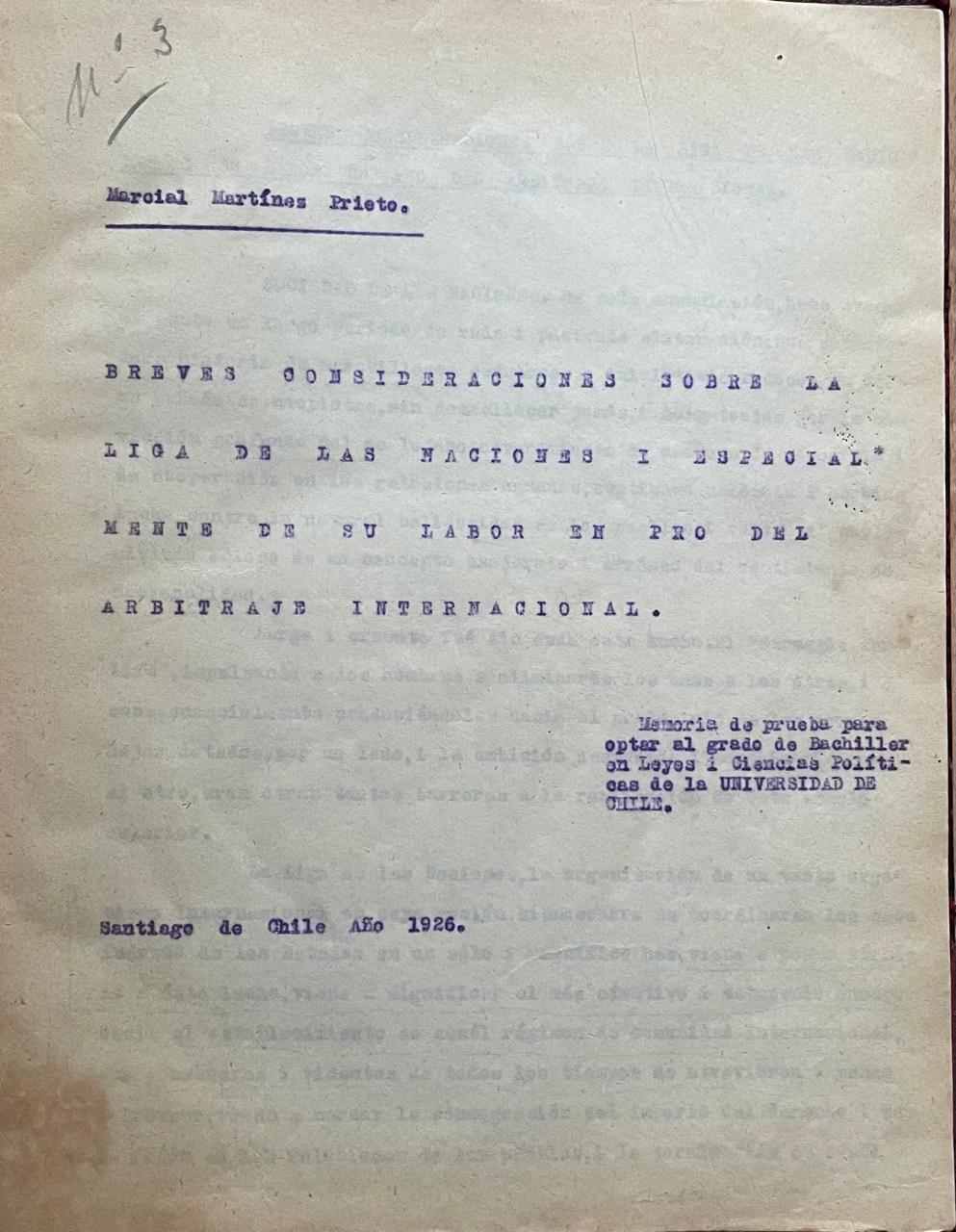 Marcial Martinez. 	"Consideraciones sobre la Liga de las Naciones y Arbitraje Internacional.	"