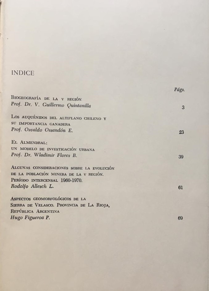 Revista Geografía de Valparaíso.  (Textos de Guillermo Quintanilla, Osvaldo Ossandón E., Wladimir Flores, Rodolfo Allesh y Hugo Figueroa). 