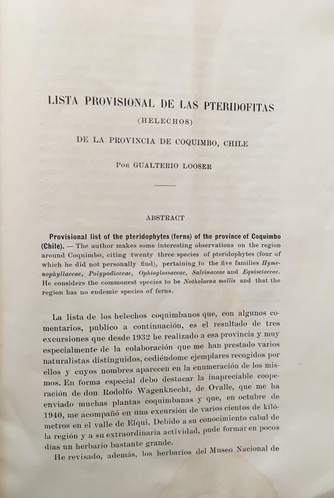 Gualterio Looser. Lista Provisional de las Pteridofitas (Helechos) de la provincia de Coquimbo, Chile.