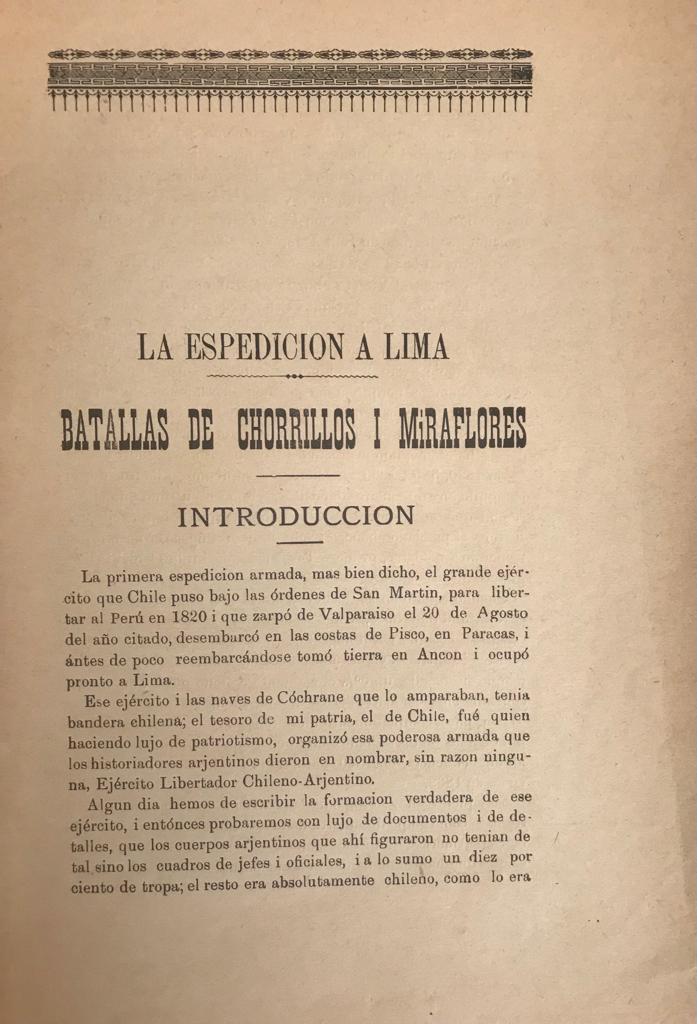 Nicanor Molinare	La espedicion a Lima. Batallas de Chorrillos i Miraflores. Tomo 1