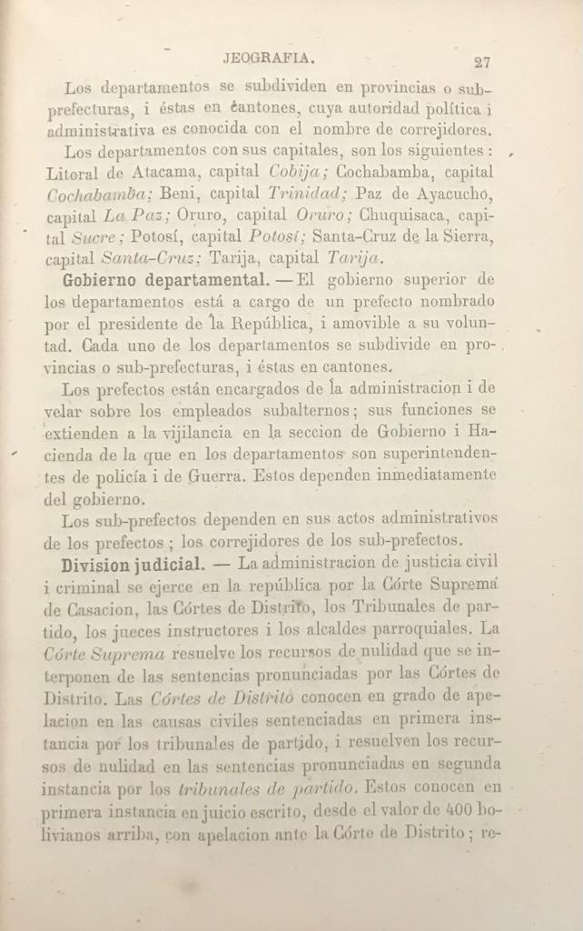 José Domingo Cortes	Bolivia. Apuntes Jeográficos, Estadísticos, de costumbres descriptivos e Históricos. 