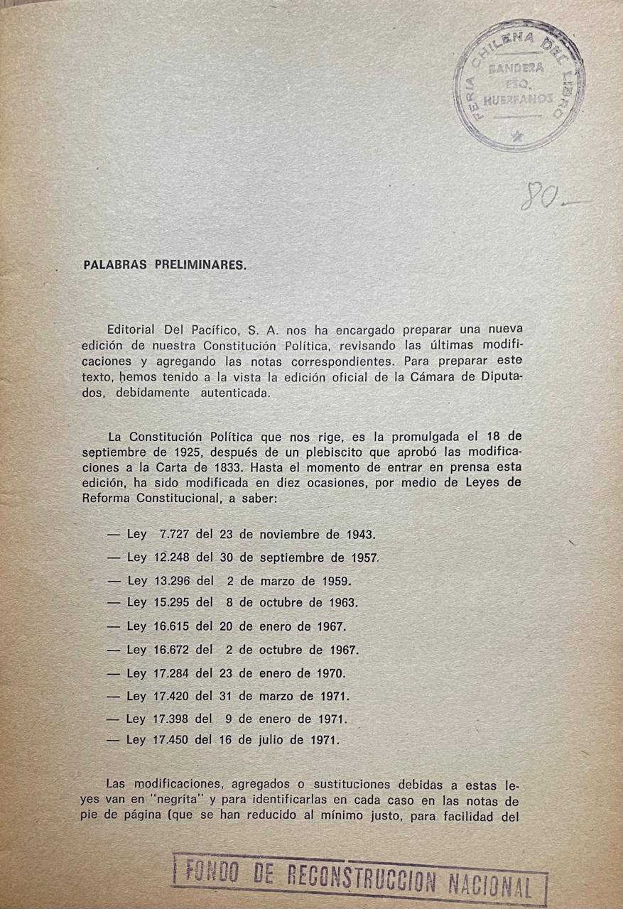 Constitución Política de la República de Chile. Texto con las ultimas modificaciones. 