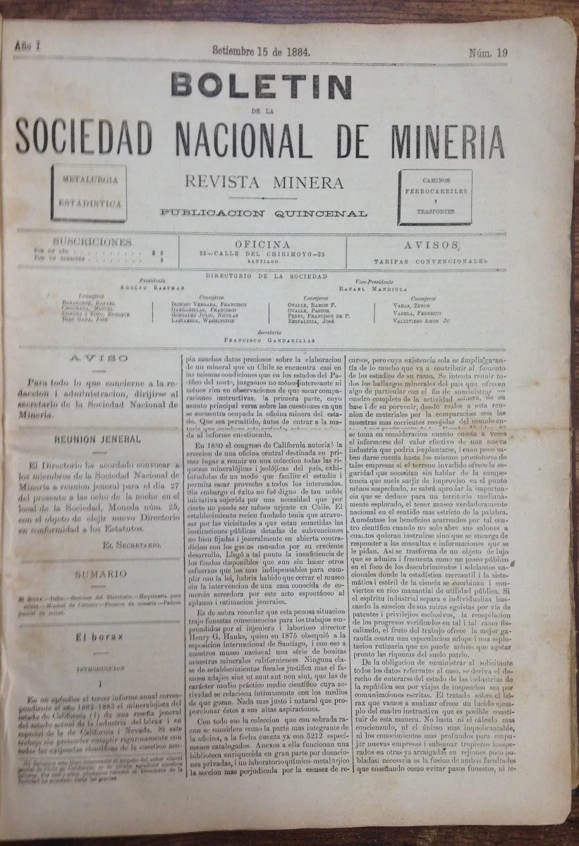 Boletin de la sociedad nacional de mineria 1884 - 1888 Año 1, N°2 al Año 5, N° 105. En total ofrecemos 104 números consecutivos.