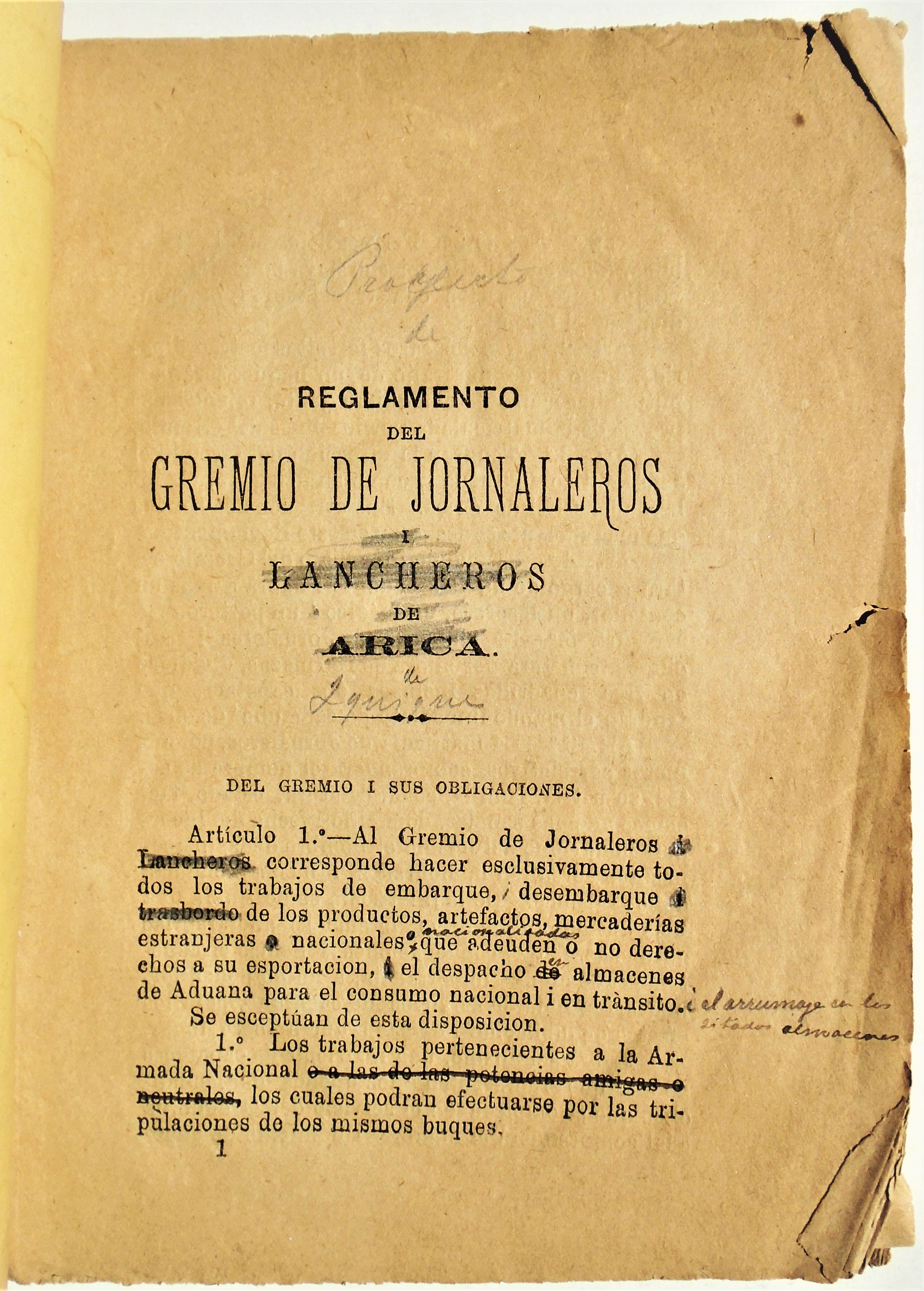 Reglamento i tarifa del gremio de jornaleros i lancheros de Arica