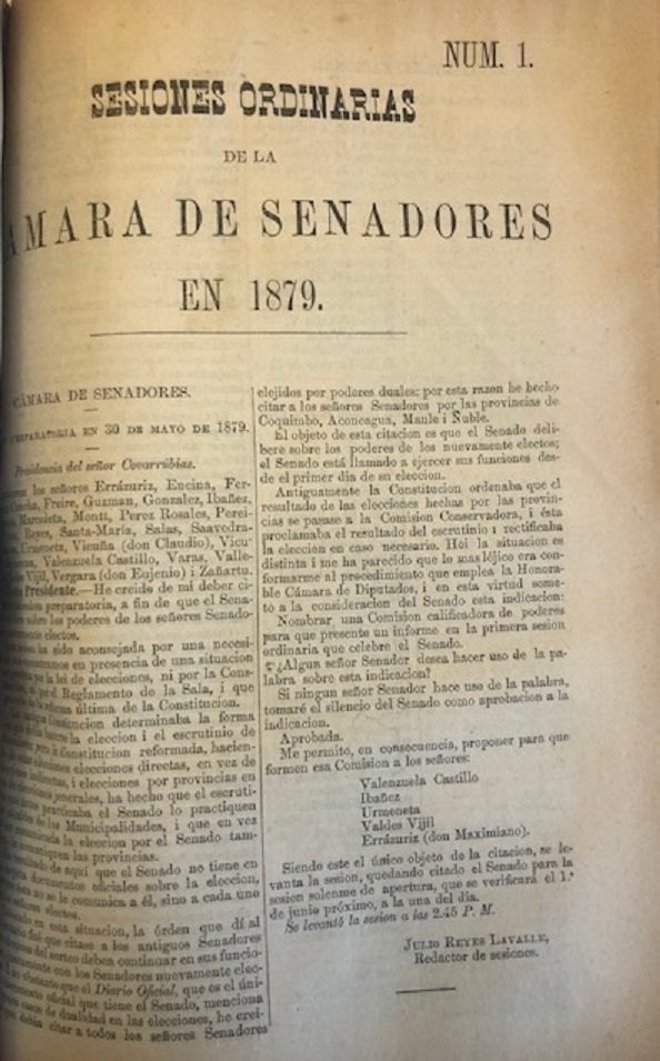 Congreso Nacional. Sesiones Ordinarias y secretas de la Cámara de Diputados y Sesiones Ordinarias y secretas del Senado en 1879.