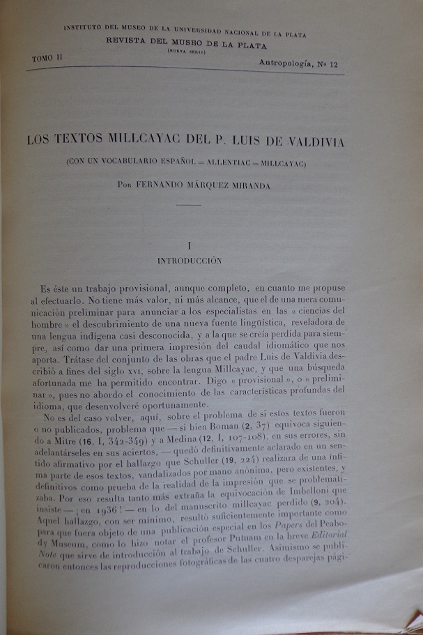 Fernando Márquez Miranda. Los Textos Millcayac del P. Luis de Valdivia ( Con un vocabulario español = Allentiac = Millcayac)
