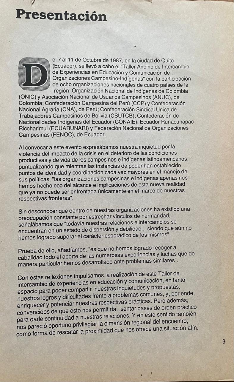 Confederación de Pueblos de la Nacionalidad Kichwa del Ecuador (Ecuarunari)	Nuestra voz, nuestra cultura. Taller andino de intercambio de experiencias en educación y comunicación de organizaciones  campesino-indìgenas.