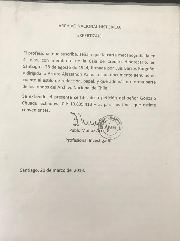 Carta de Luis Barros Borgoño a Arturo Alessandri Palma 