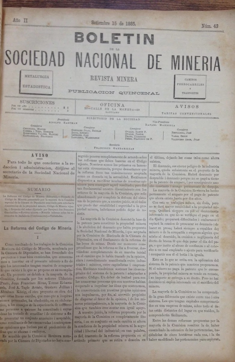 Boletin de la sociedad nacional de mineria 1884 - 1888 Año 1, N°2 al Año 5, N° 105. En total ofrecemos 104 números consecutivos.