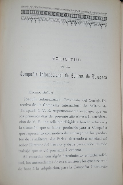 Solicitud de La Compañía Internacional de Salitres de Tarapaca