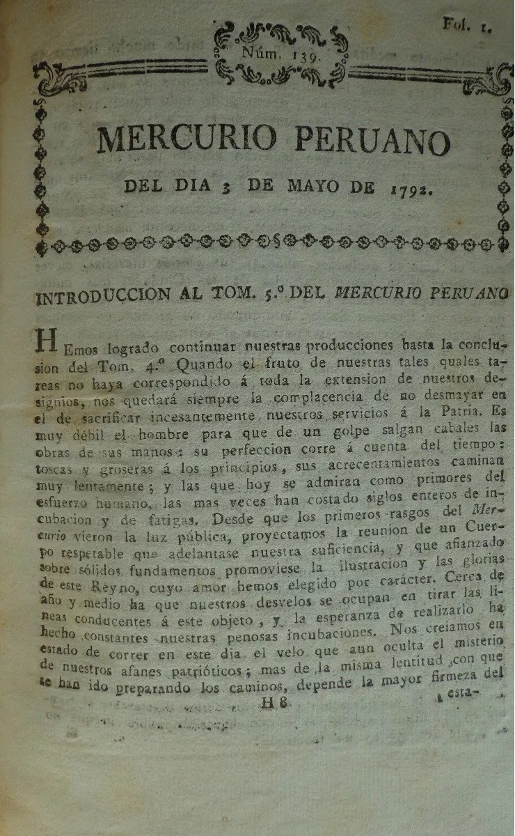 Mercurio peruano de historia, literatura, y noticias públicas que da à luz la Sociedad académica de amantes de Lima