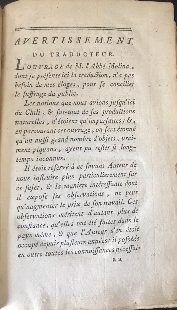 Juan Ignacio Molina	Essai sur L'Histoire Naturelle du Chili par M. l'Abbe Molina