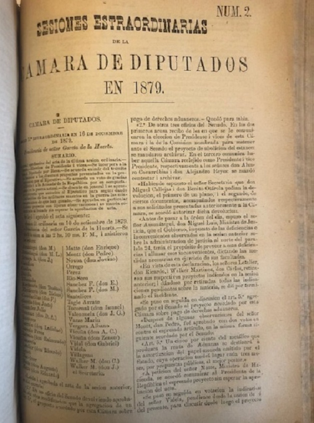 Congreso Nacional. Sesiones Ordinarias y secretas de la Cámara de Diputados y Sesiones Ordinarias y secretas del Senado en 1879.